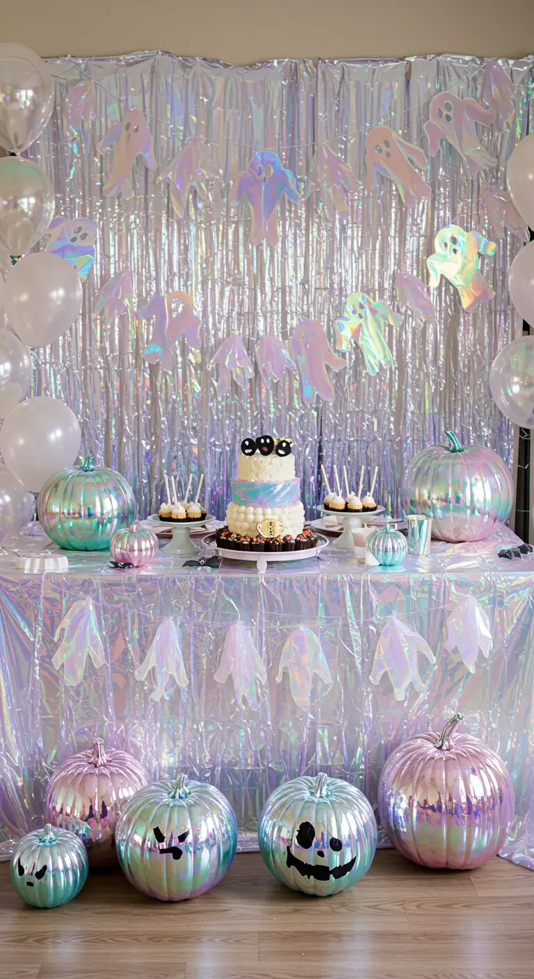 Décoration de fête Halloween holographique avec des citrouilles et un rideau brillant.