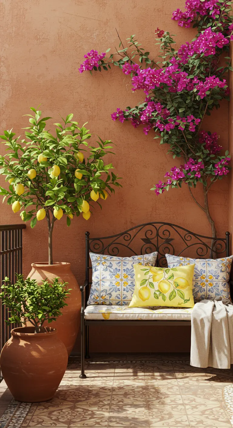 Balcon de style méditerranéen avec un citronnier, un bougainvillier et un banc en fer forgé.