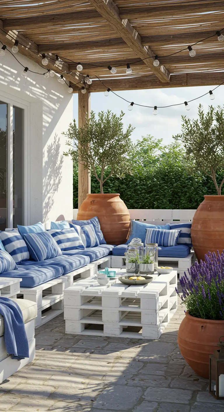 Terrasse méditerranéenne avec mobilier en palettes blanches, coussins bleus, grands pots en terre cuite.