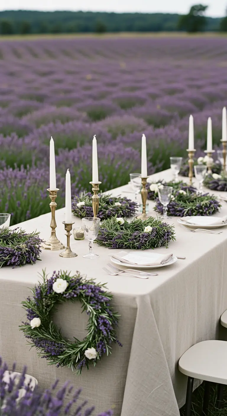 Table de mariage dans un champ de lavande avec des couronnes de lavande