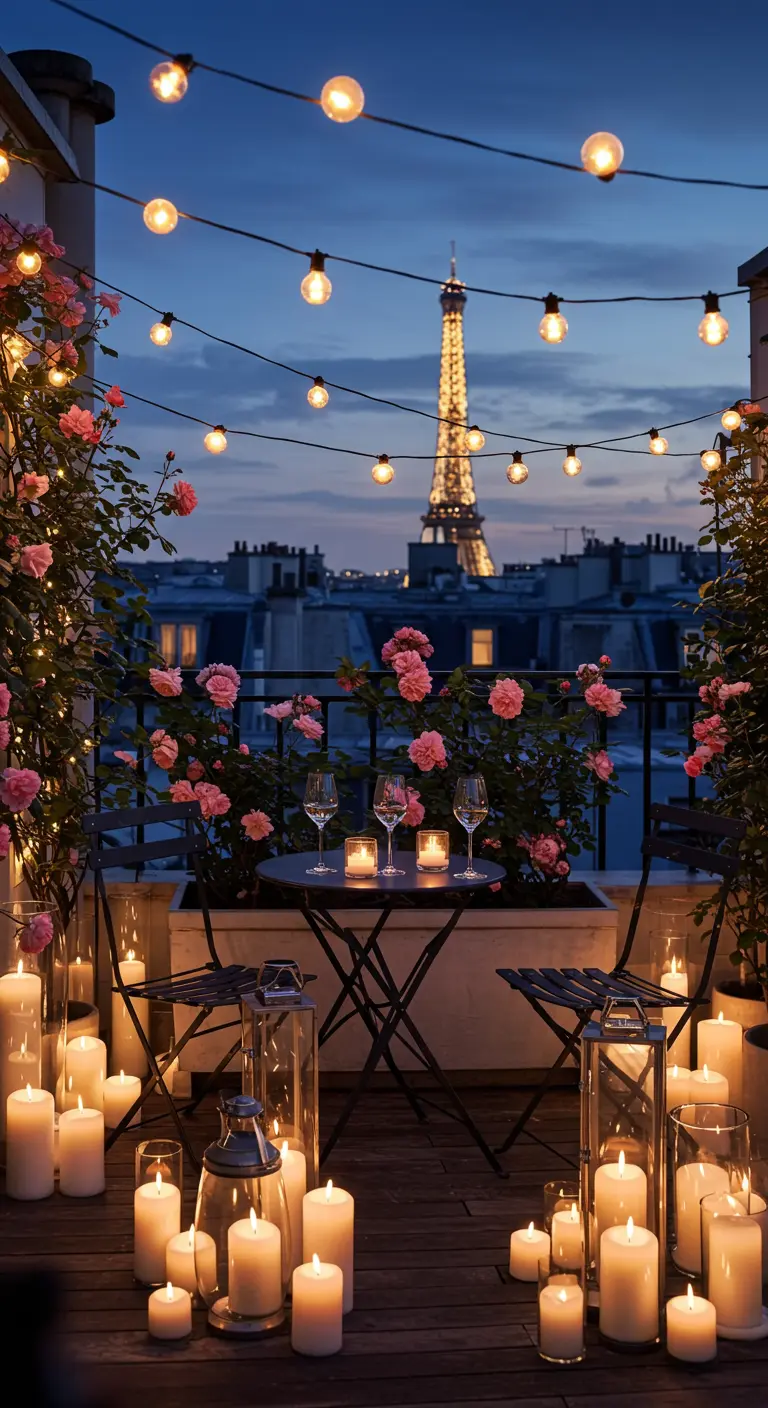 Balcon parisien avec guirlandes lumineuses, bougies et vue sur la Tour Eiffel.