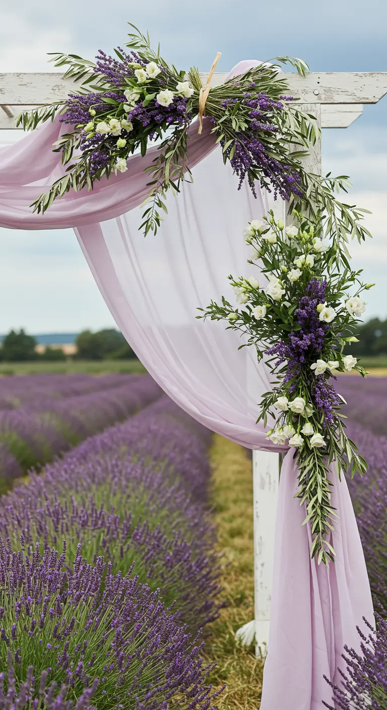Arche blanche dans un champ de lavande, décorée de lavande et d'un drapé lilas.