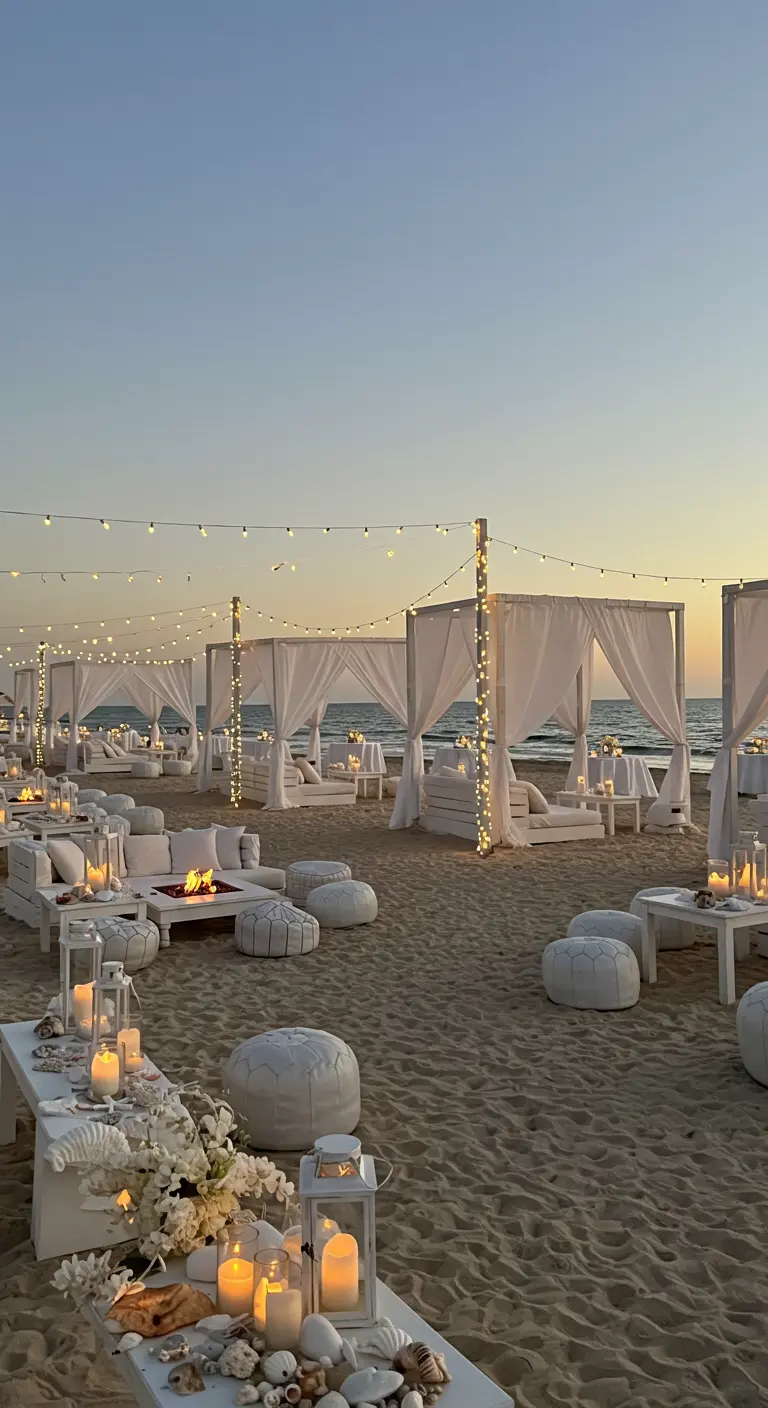 Salon blanc luxueux sur une plage au coucher du soleil avec baldaquins, poufs et lanternes.