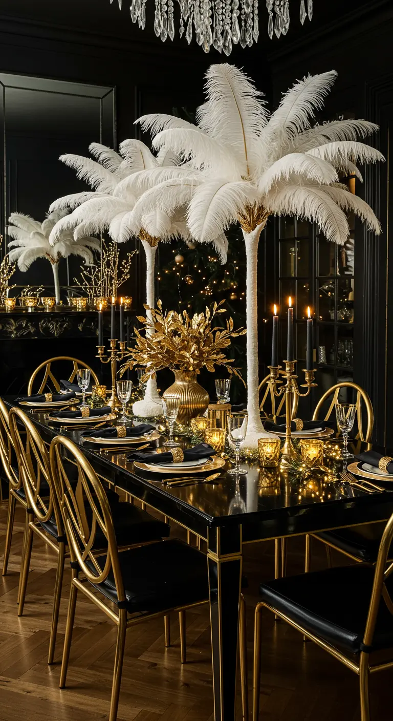 Table de fête noire et or style Art Déco avec des centres de table en plumes blanches.