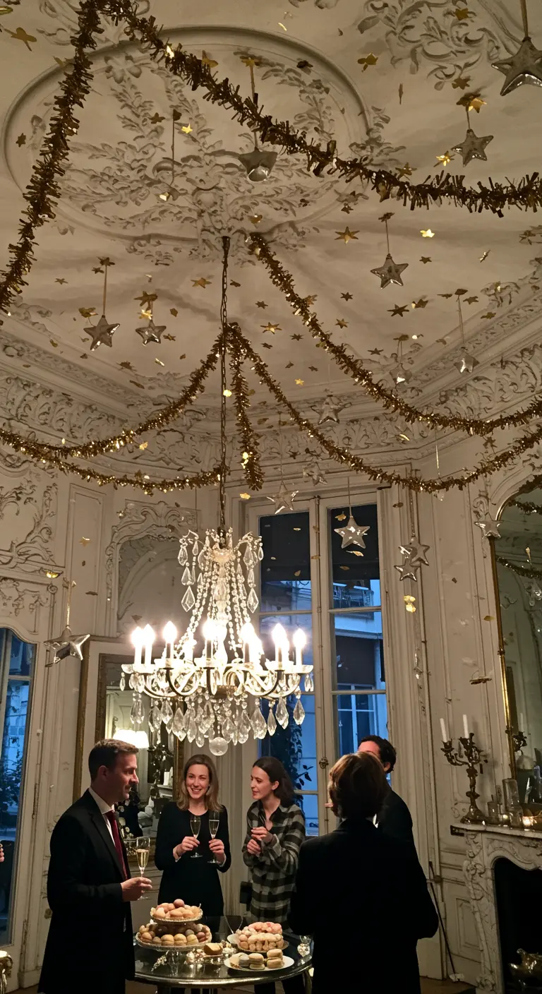 Plafond d'un appartement parisien avec lustre, guirlandes et étoiles dorées.