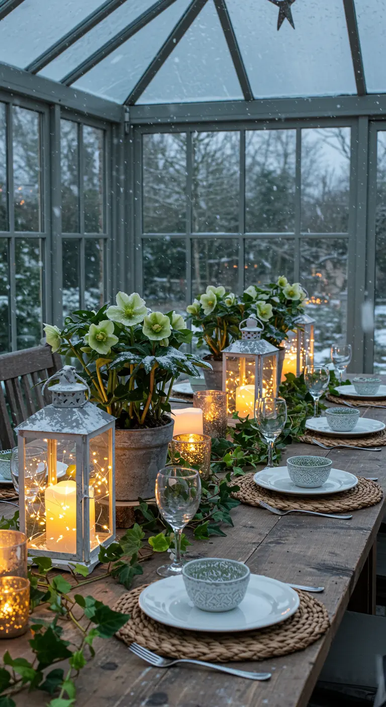 Dîner dans une véranda enneigée avec des lanternes et des plantes.
