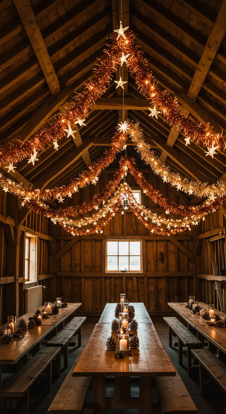Guirlandes scintillantes et étoiles lumineuses suspendues aux poutres d'une grange en bois.