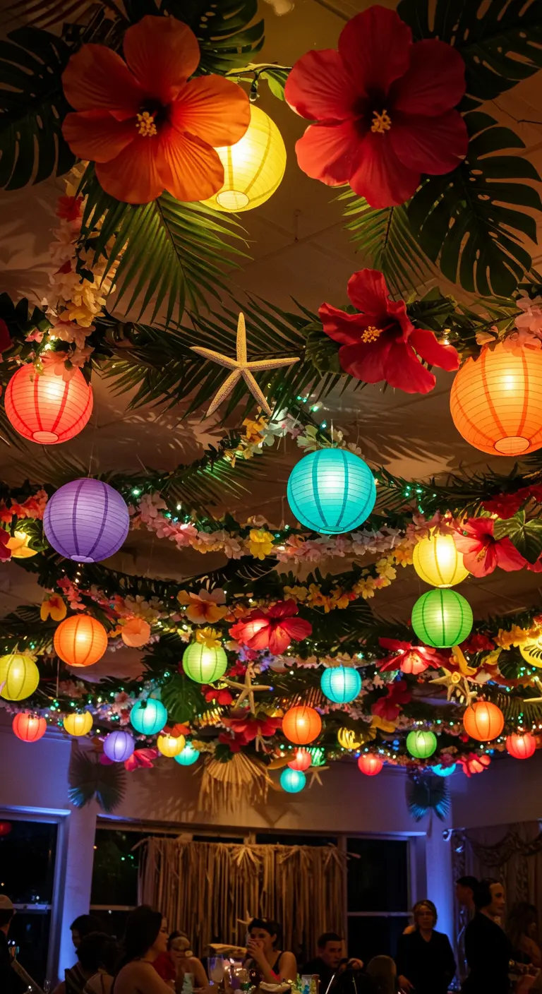 Plafond décoré de lampions colorés, de feuilles de palmier et de fleurs tropicales.