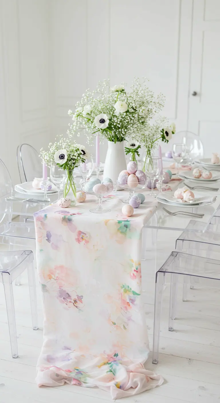 Table de Pâques lumineuse et épurée avec un chemin de table aquarelle et des chaises transparentes.