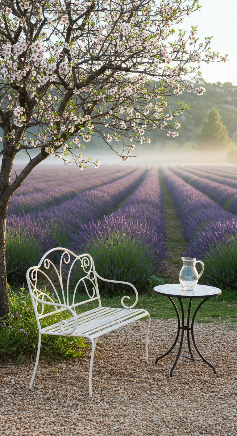 Banc en fer forgé blanc et petite table au bord d'un champ de lavande en fleurs.