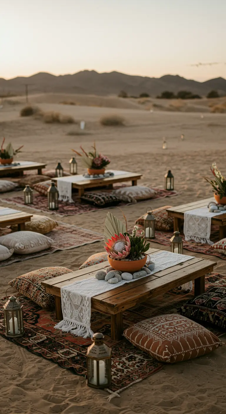 Tables basses en bois sur le sable, entourées de coussins et tapis de style berbère.