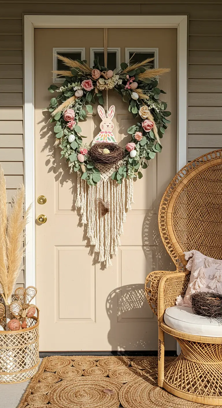Couronne de fleurs de Pâques avec une suspension en macramé.