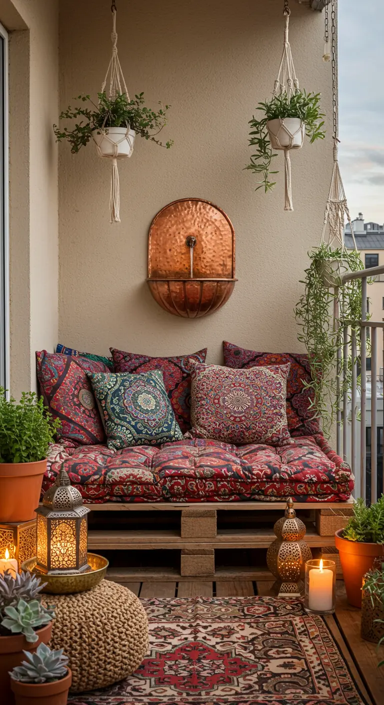 Balcon bohème avec fontaine en cuivre, lit de jour en palette et coussins colorés.