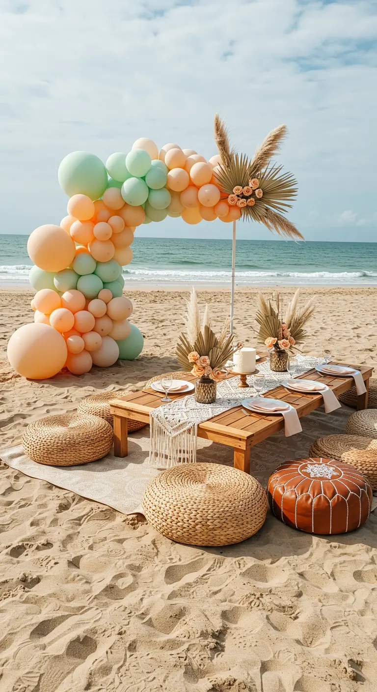 Pique-nique chic sur la plage avec arche de ballons pastel et poufs en rotin.