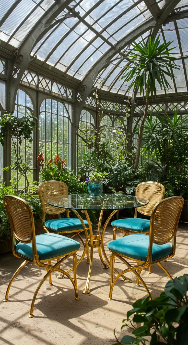 Table dorée et chaises en velours turquoise dans une serre luxuriante.