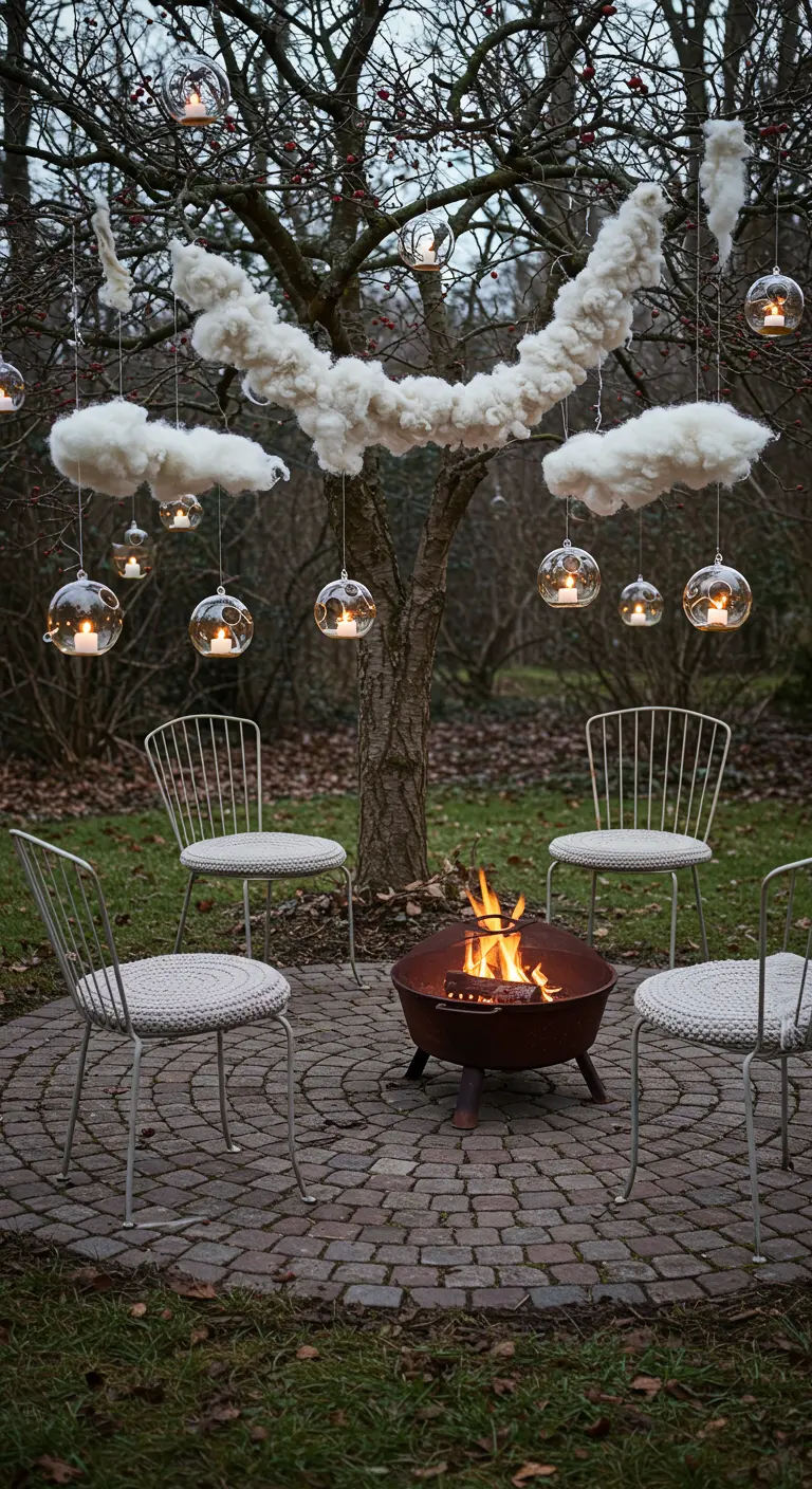 Jardin avec des décorations en laine et des photophores suspendus à un arbre.
