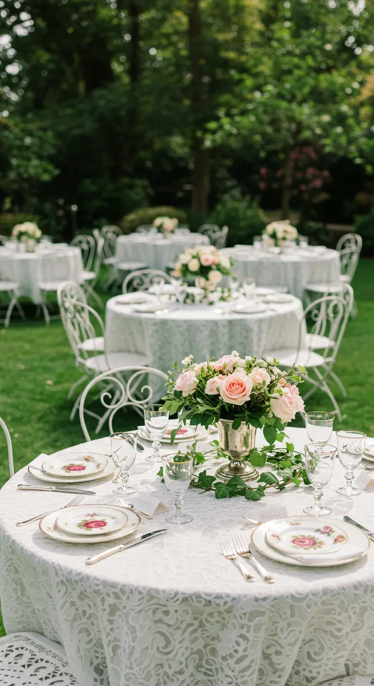Tables rondes avec nappes en dentelle dans un jardin pour un mariage élégant.