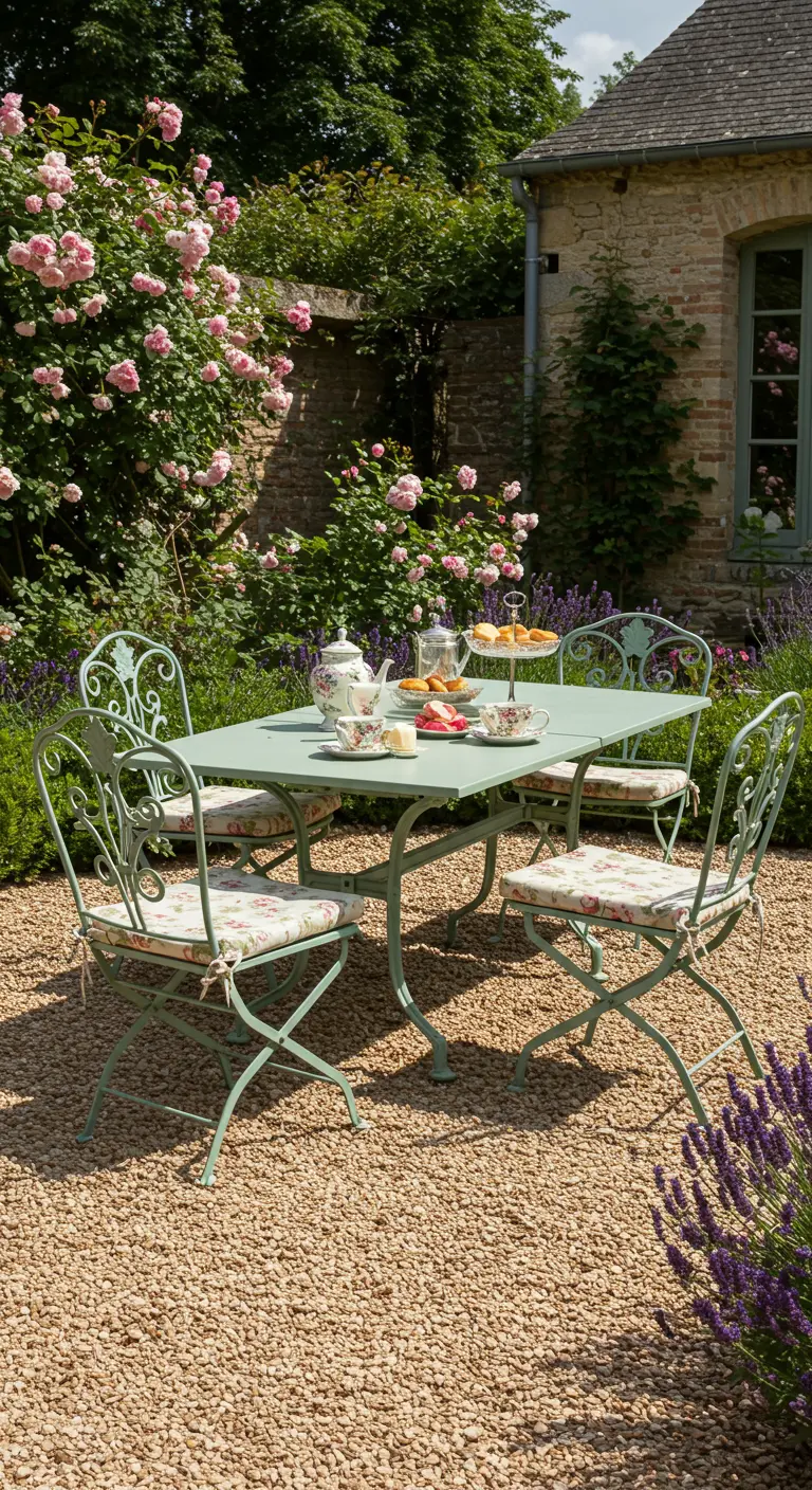 Table de jardin en fer forgé vert pâle au milieu de rosiers et de lavande.