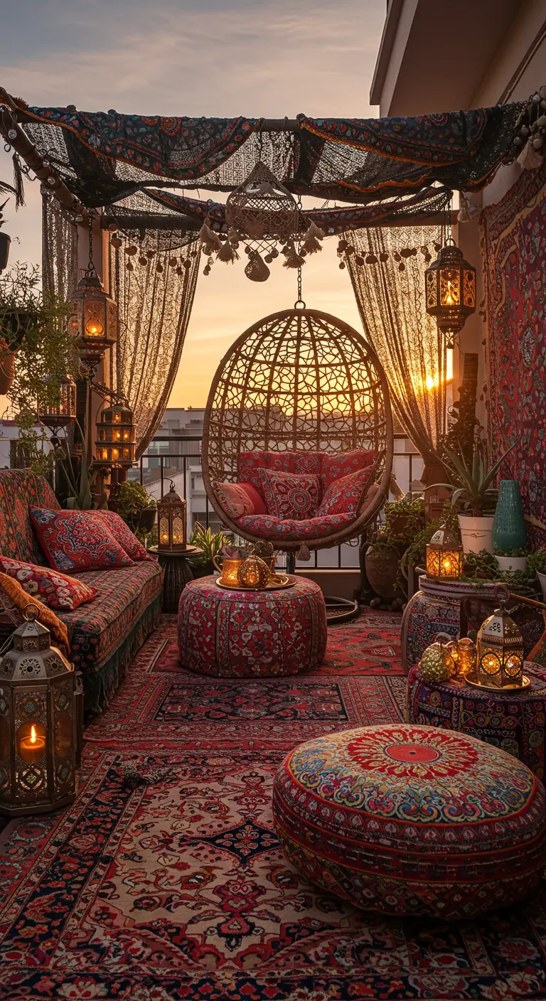 Fauteuil suspendu en rotin dans un décor de balcon oriental très riche.