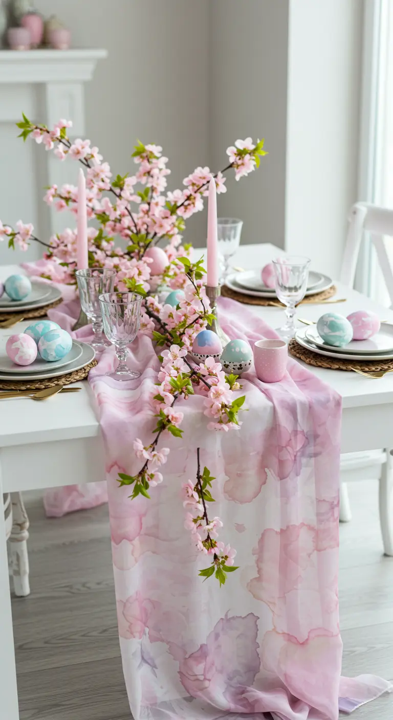 Table de Pâques romantique avec des branches de cerisier en fleurs et un chemin de table rose.