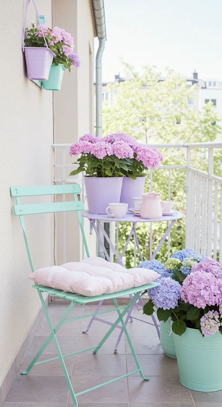 Chaise pliante vert menthe et table lilas avec des hortensias en pot.