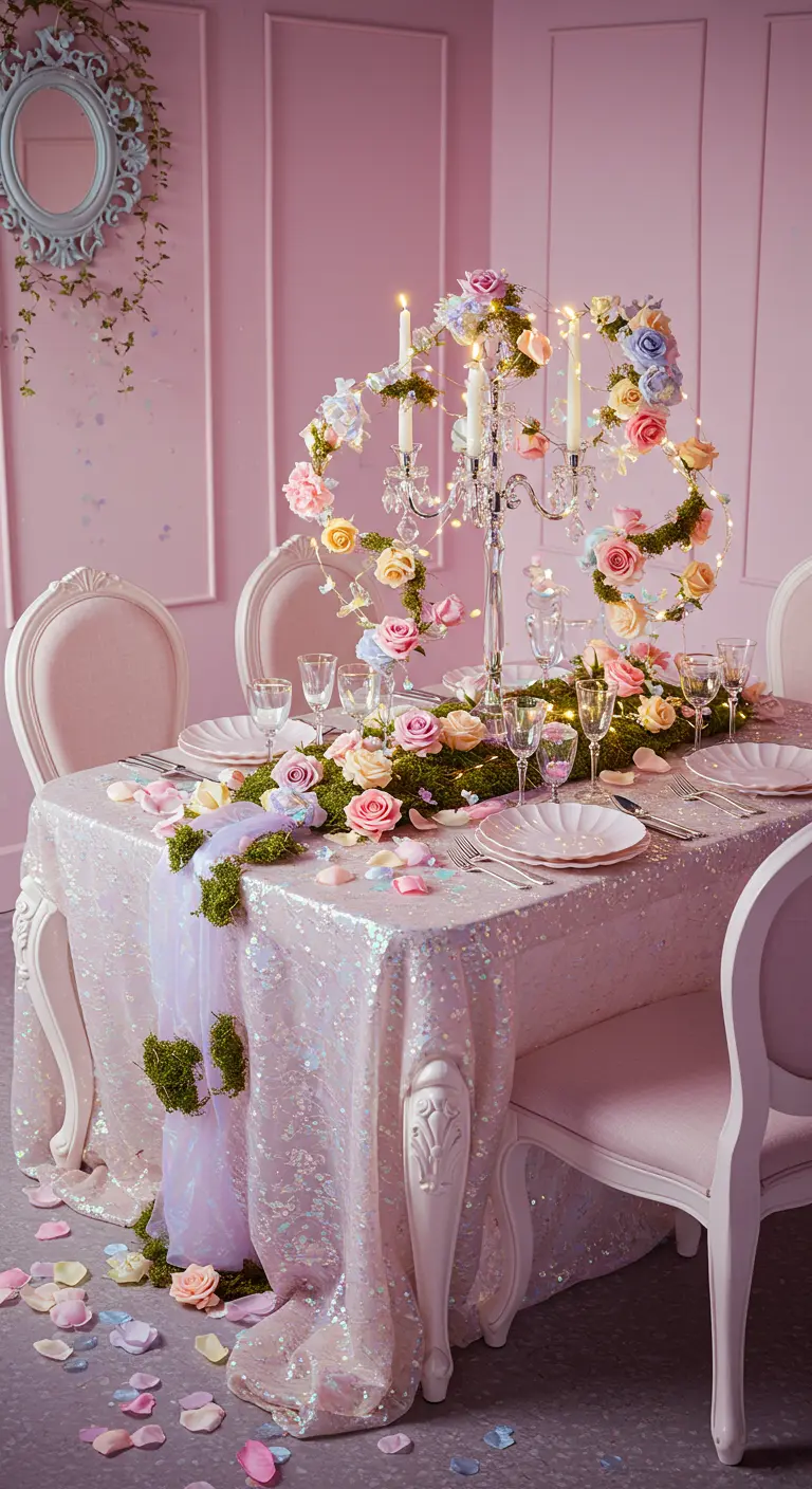 Table de dîner féerique dans une pièce rose, avec une nappe à sequins et des guirlandes de fleurs.