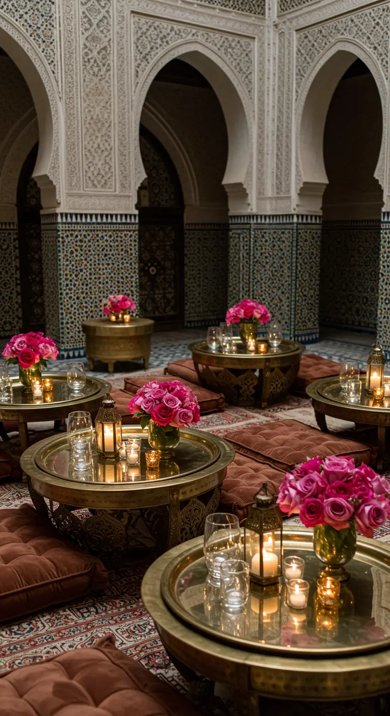 Ambiance lounge marocaine avec des tables basses en laiton, des roses fuchsia et des lanternes.