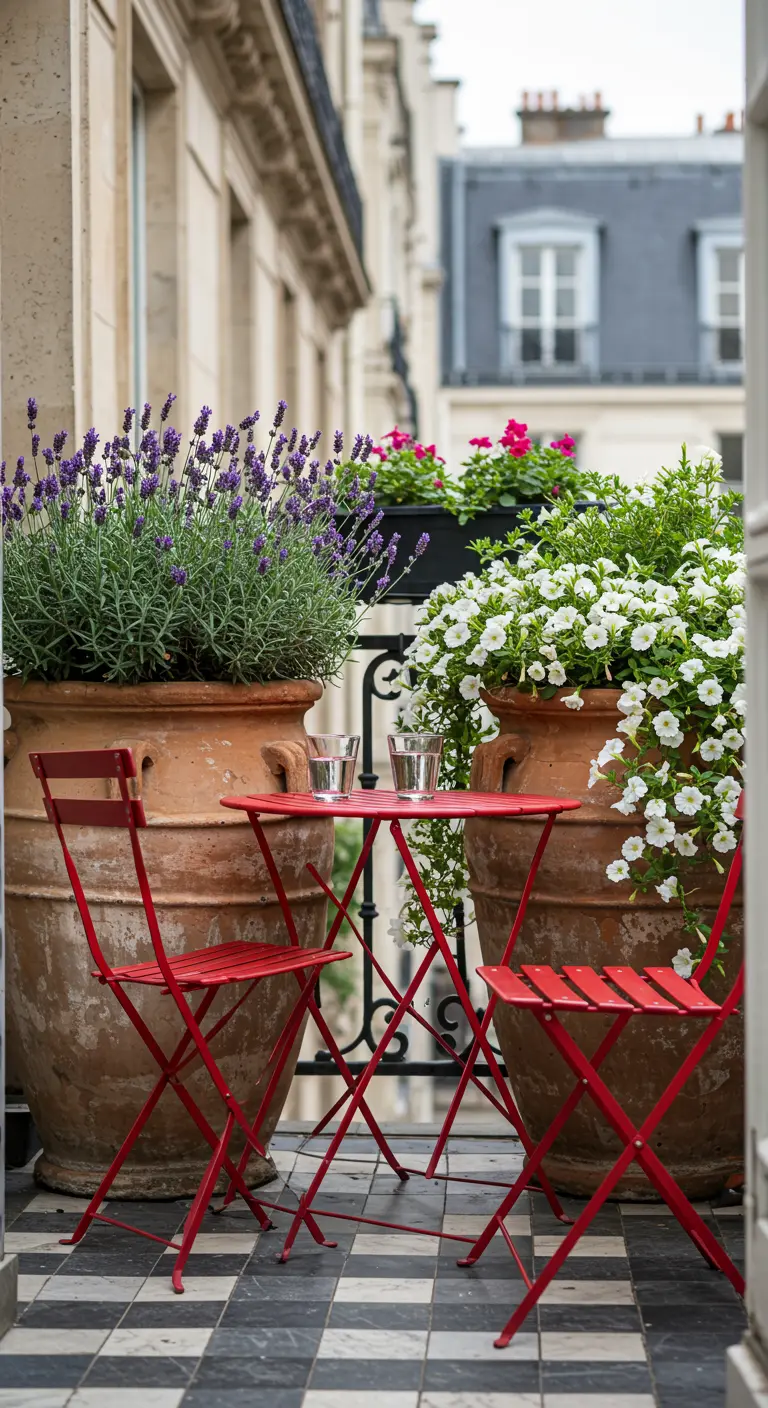 Balcon parisien avec pots en terre cuite, lavande et un ensemble bistrot rouge.