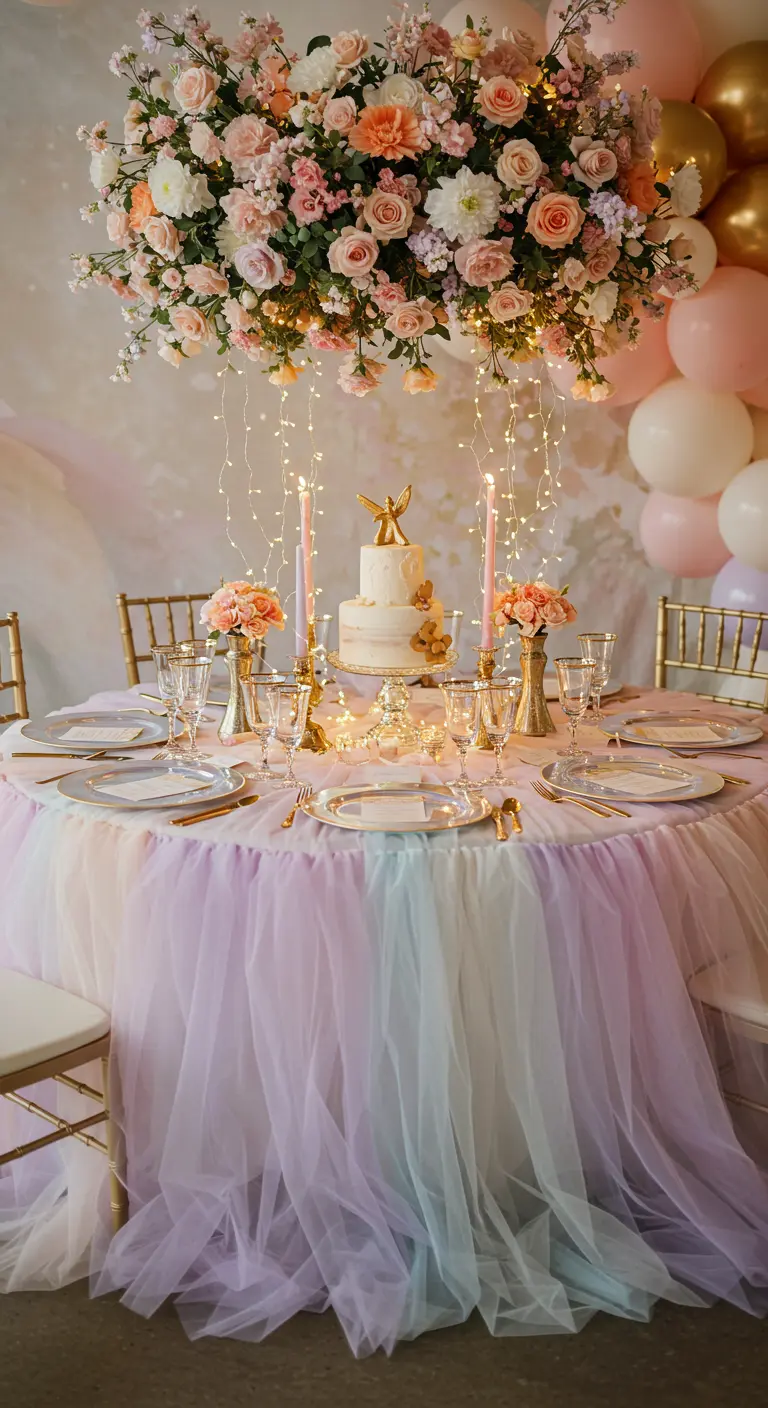 Table de fête pastel avec jupe en tulle, et une énorme suspension florale au-dessus.