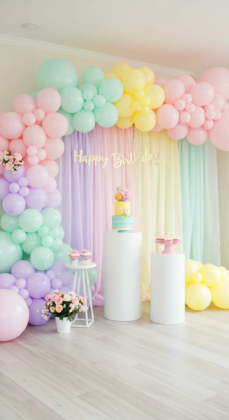 Arche de ballons pastel avec un rideau de voilages colorés en fond.