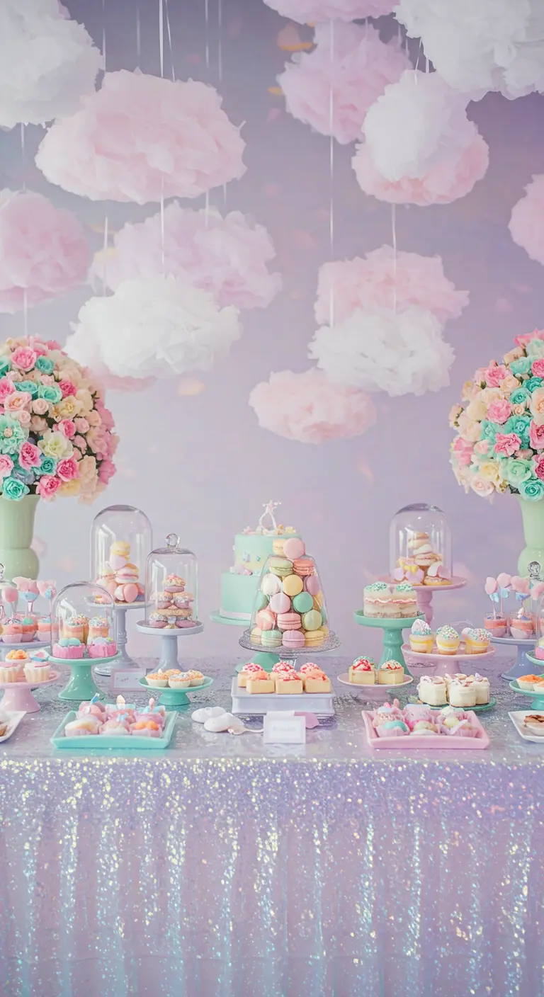 Buffet de fête pastel avec des pompons en papier suspendus et une nappe à sequins.