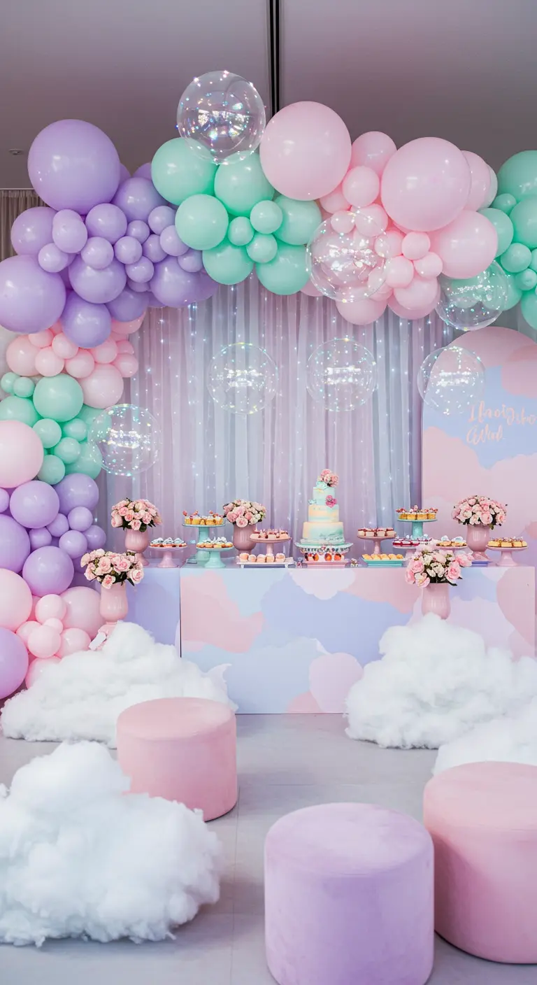 Arche de ballons pastel avec des nuages en ouate et un buffet de desserts.