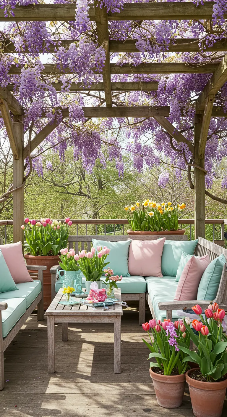 Terrasse avec une pergola couverte de glycine en fleurs et des coussins pastel.