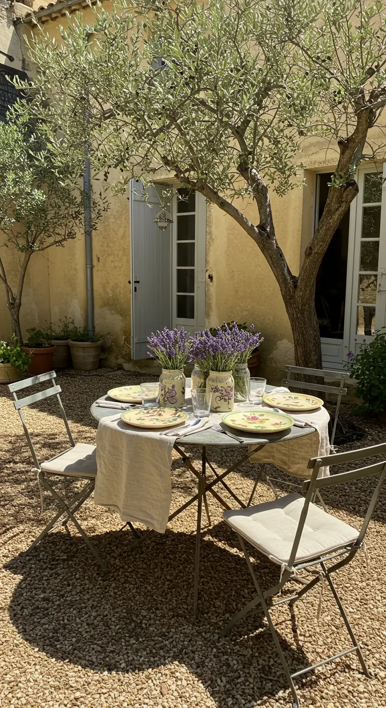 Table de bistrot avec des bouquets de lavande et des oliviers.