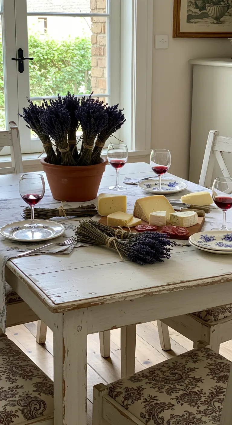Table rustique provençale avec un grand pot de lavande et du fromage
