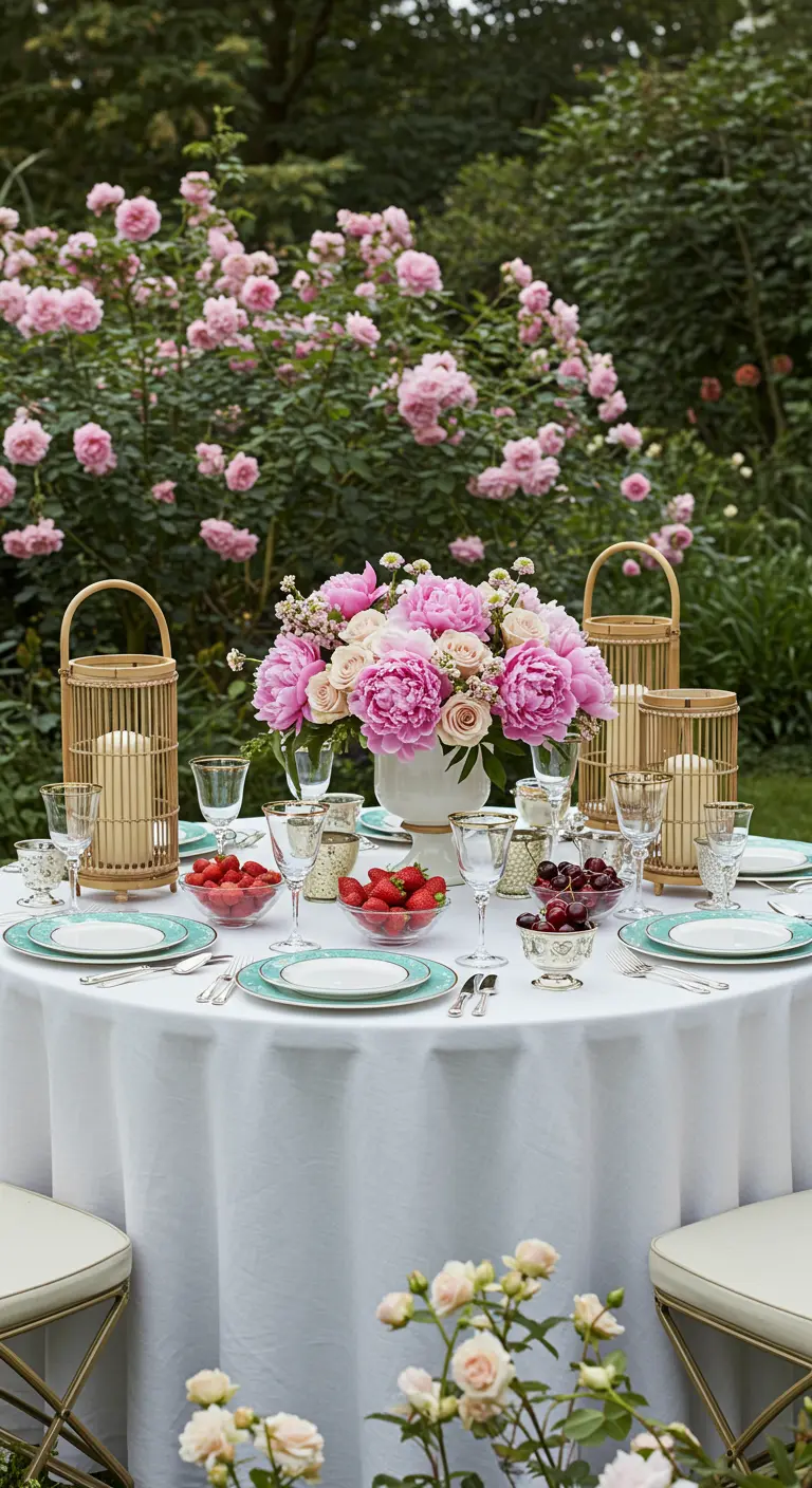 Table ronde élégante dans un jardin de roses, avec un grand bouquet de pivoines.