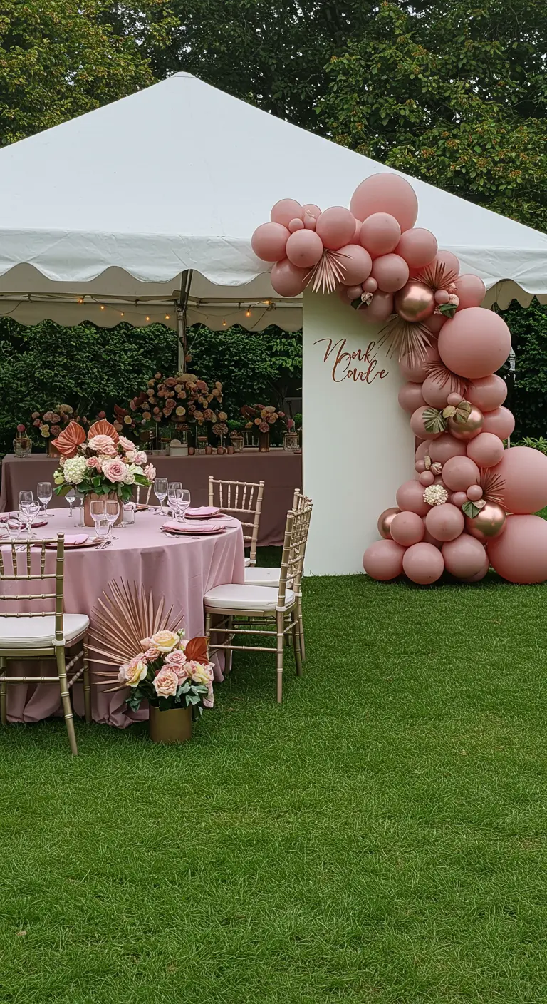 Fête en extérieur avec une table et une arche de ballons dans les tons rose poudré.