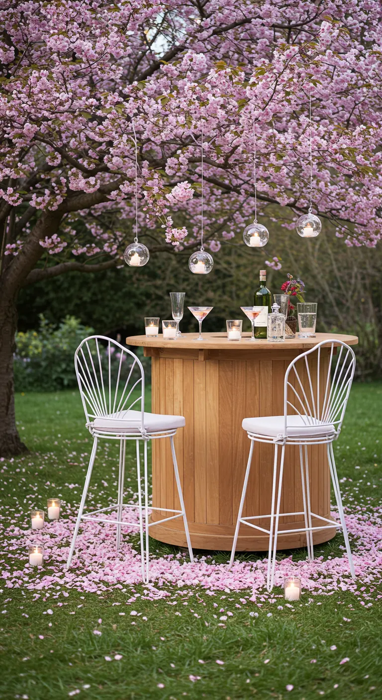 Petit bar rond avec des chaises blanches sous un cerisier en fleurs roses.