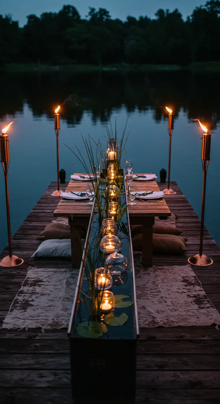 Dîner romantique sur un ponton avec un centre de table aquatique et des torches en cuivre.