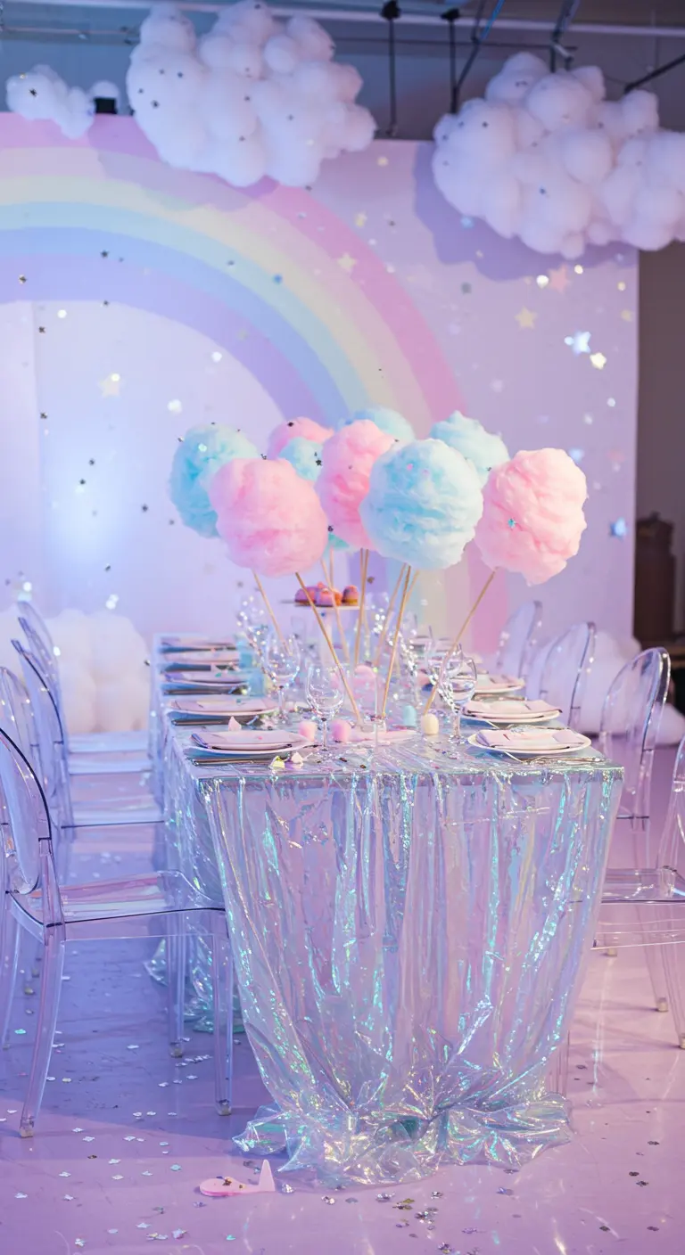 Centre de table fait de barbes à papa sur une table holographique.