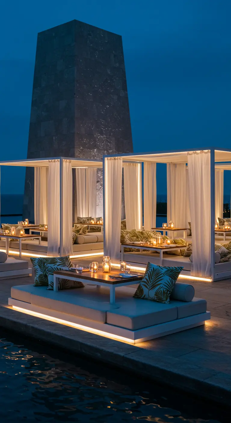 Cabanas modernes au bord d'une piscine avec éclairage LED, coussins à motifs tropicaux et tables basses.