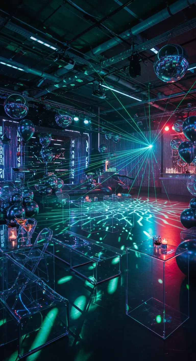 Décoration bohème avec des attrape-rêves lumineux suspendus, des tissus drapés, un feu de camp factice et des coussins au sol.