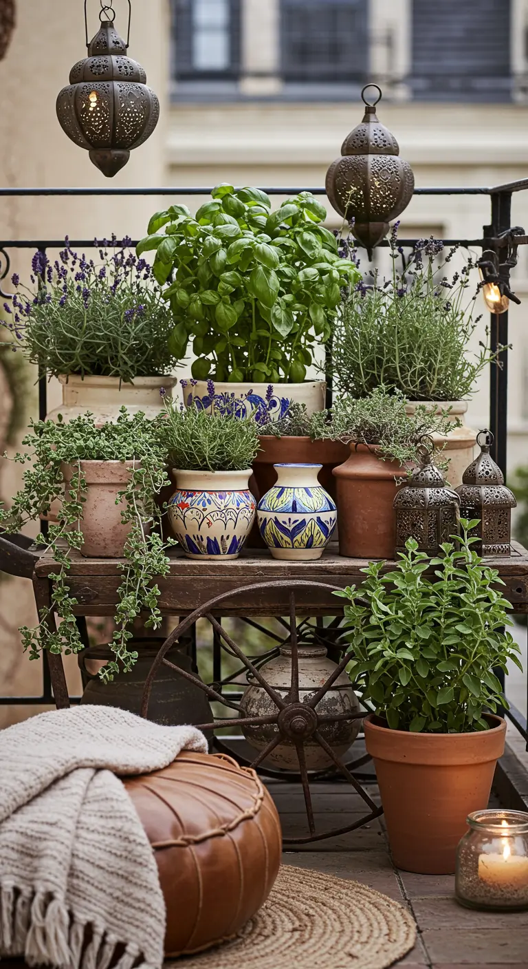 Chariot en bois vintage rempli d'herbes aromatiques en pots, avec des lanternes suspendues et un pouf.
