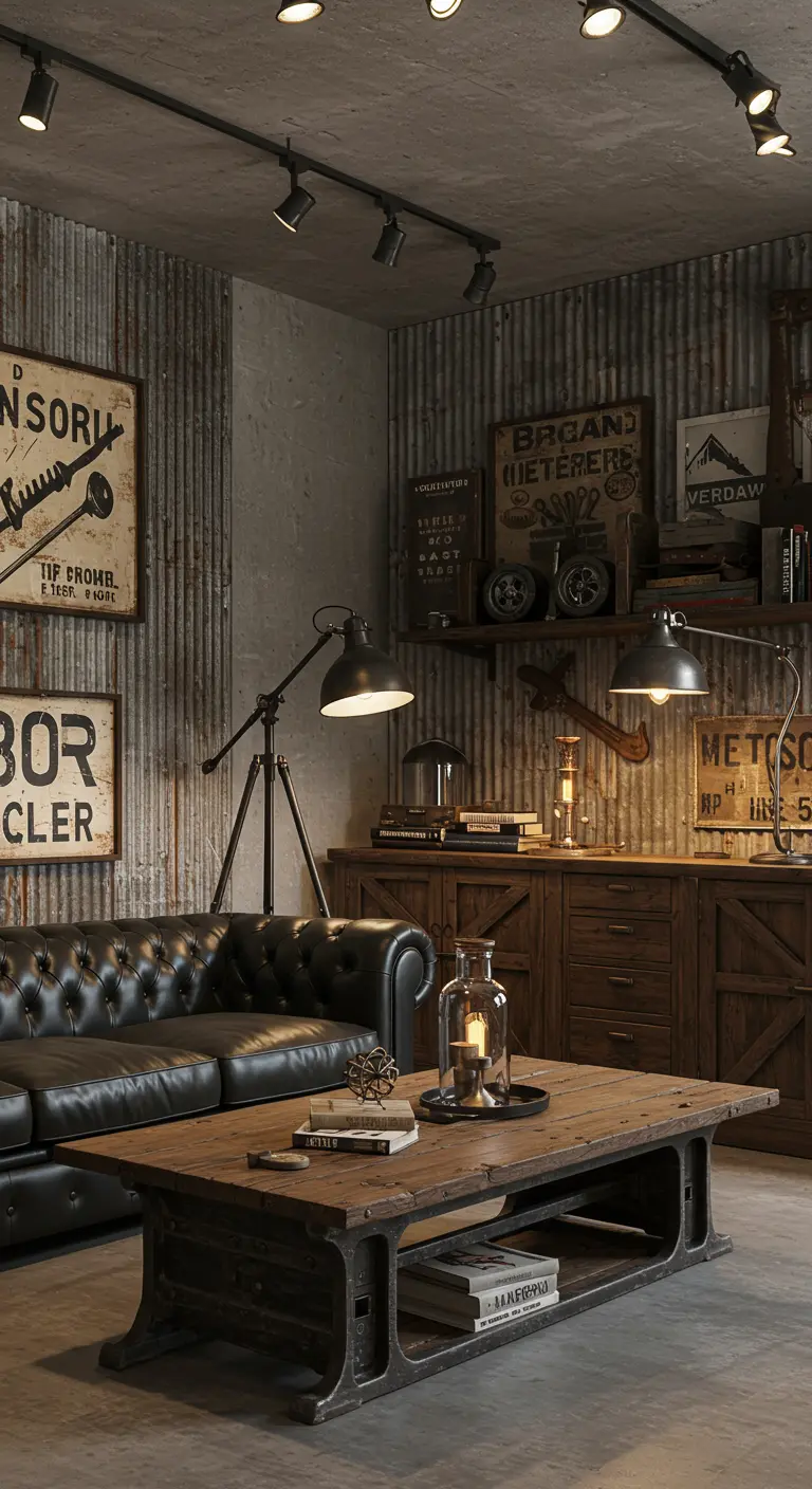 Salon industriel avec mur en tôle ondulée, canapé chesterfield en cuir noir et table basse en bois et métal.