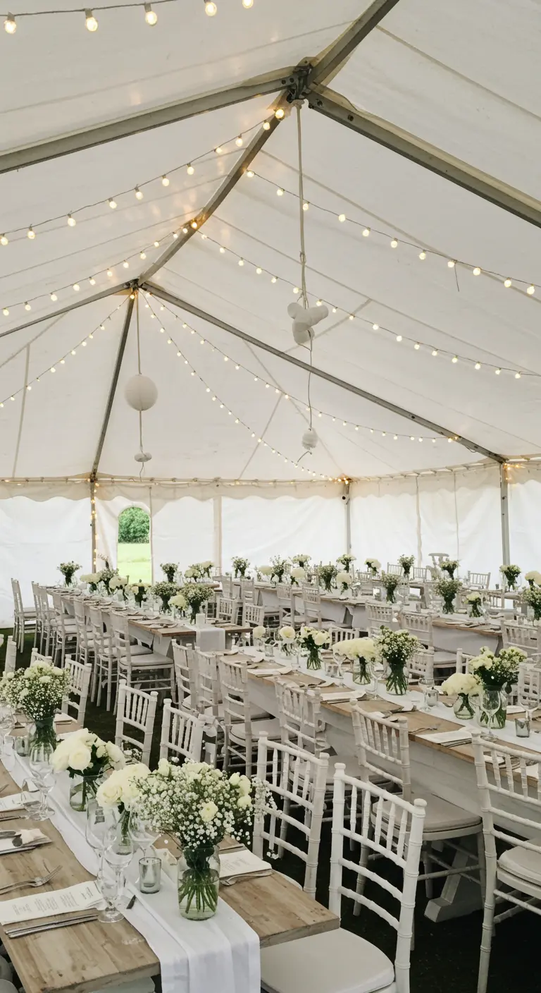 Décor de fête tout en blanc avec des chaises et des bouquets de gypsophile.