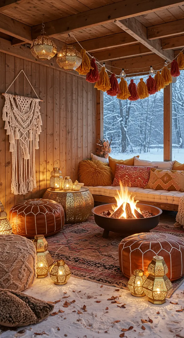 Terrasse couverte style bohème avec brasero, poufs en cuir et tapis oriental.