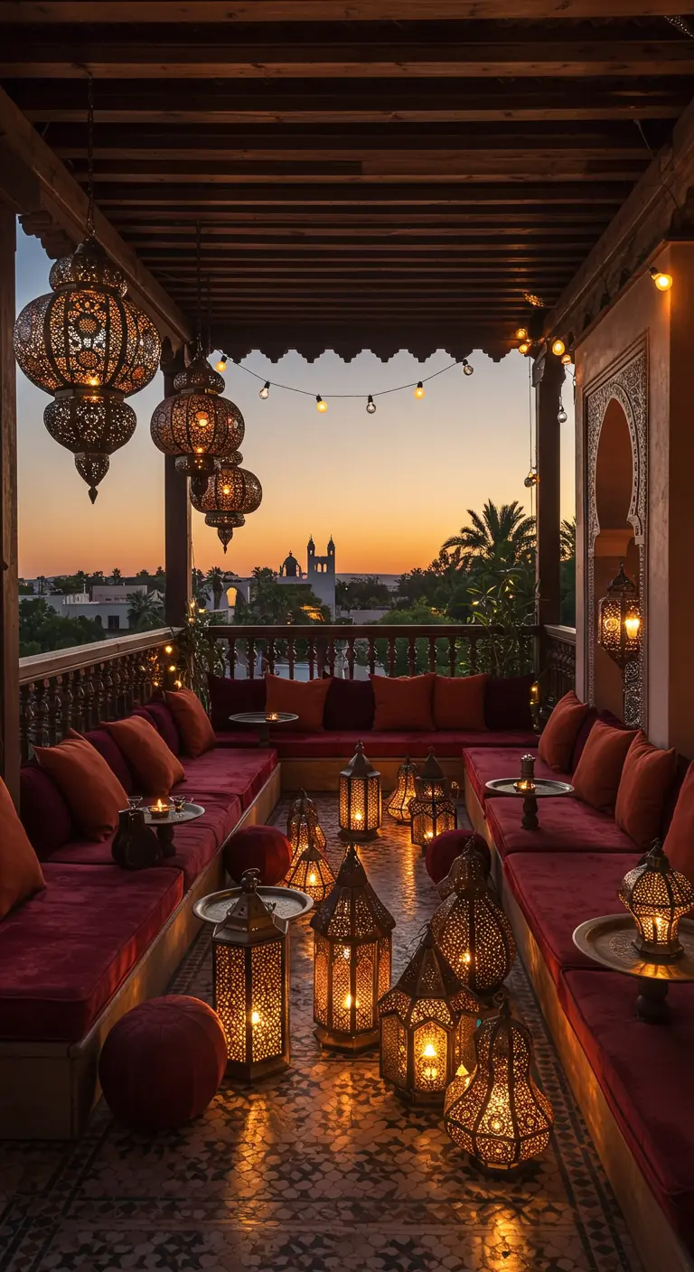 Patio de style riad marocain avec des banquettes rouges et de multiples lanternes en métal