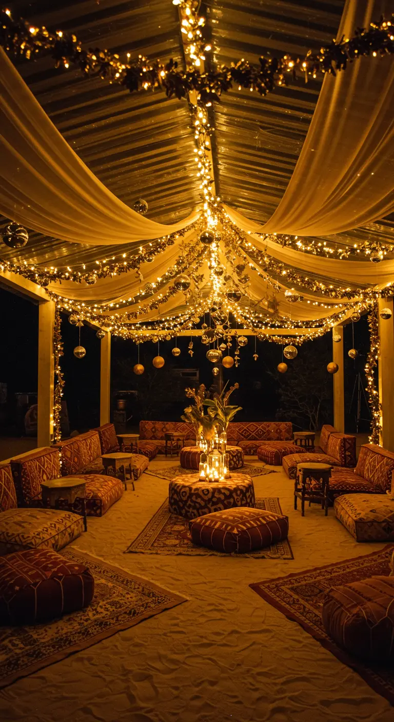Espace lounge de style riad avec tissus drappés, coussins au sol, lanternes et boules miroir, tout illuminé.