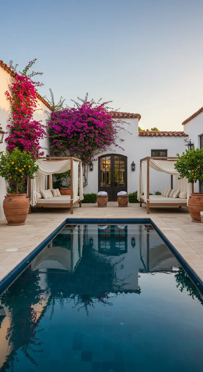 Patio méditerranéen avec piscine, bougainvilliers fuchsias, transats à baldaquin et citronniers en pot.