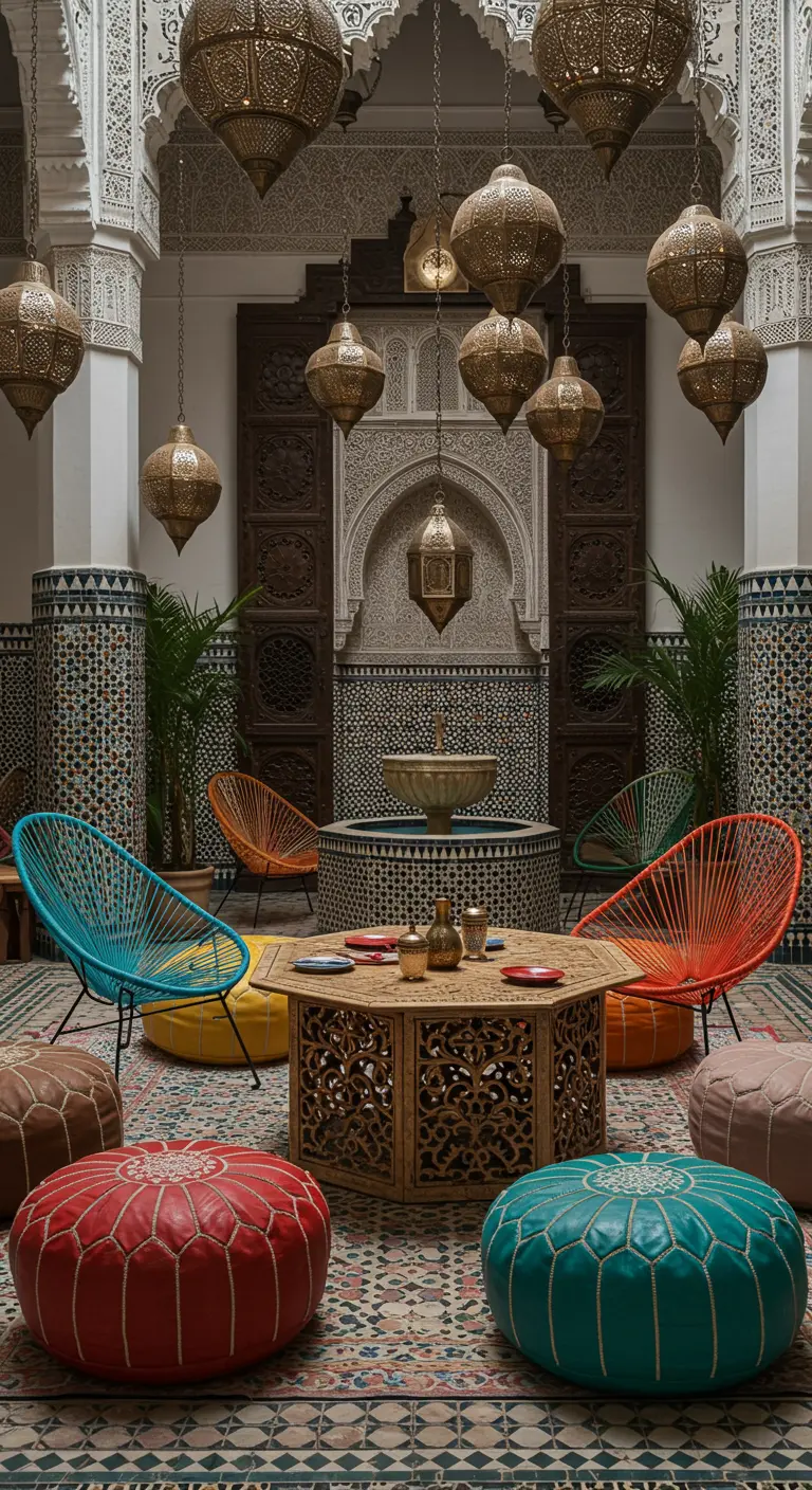 Cour de style marocain avec une table basse, des poufs colorés et des lanternes suspendues.